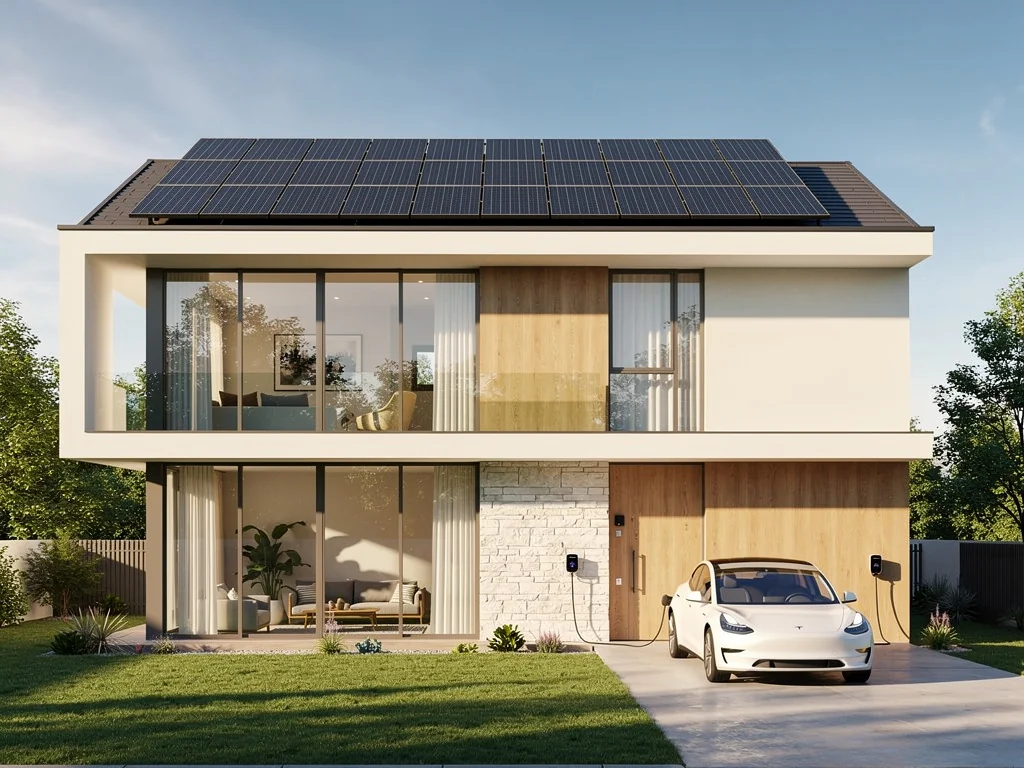 Voiture électrique en recharge devant une maison équipée de panneaux solaires